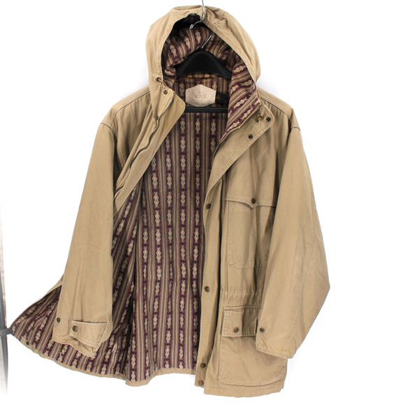 Woolrich Tan Hooded Zip Southwestern Aztec Lined Chore Utility Coat Jacket L VTG - Picture 1 of 7